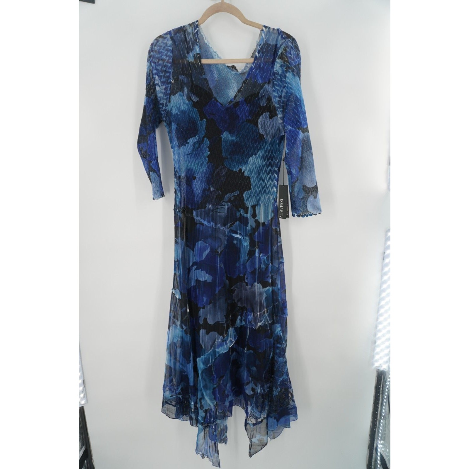 Komarov Blue Black Floral Pleated Dress Multi-Tonal Crinkle Scalloped Sz Xl Nwt